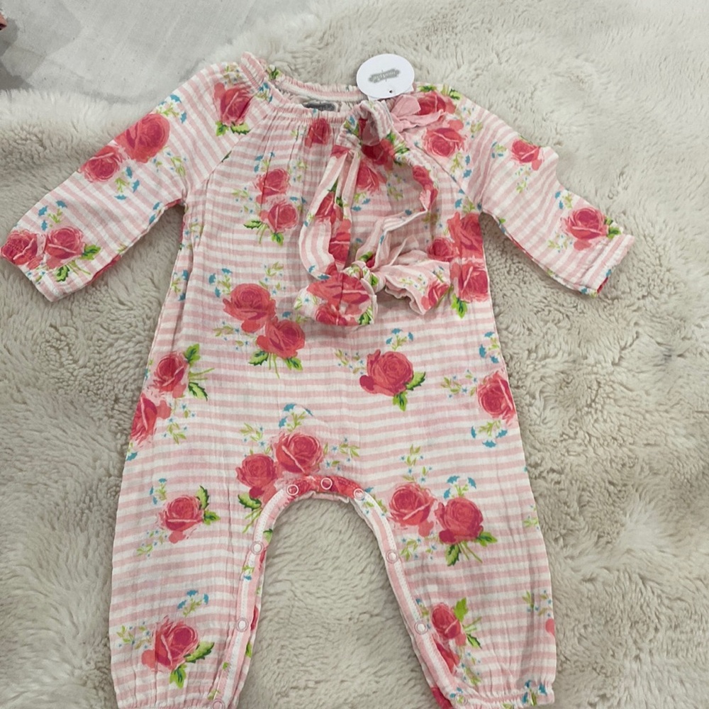 Mudpie floral pink jumpsuit with headband